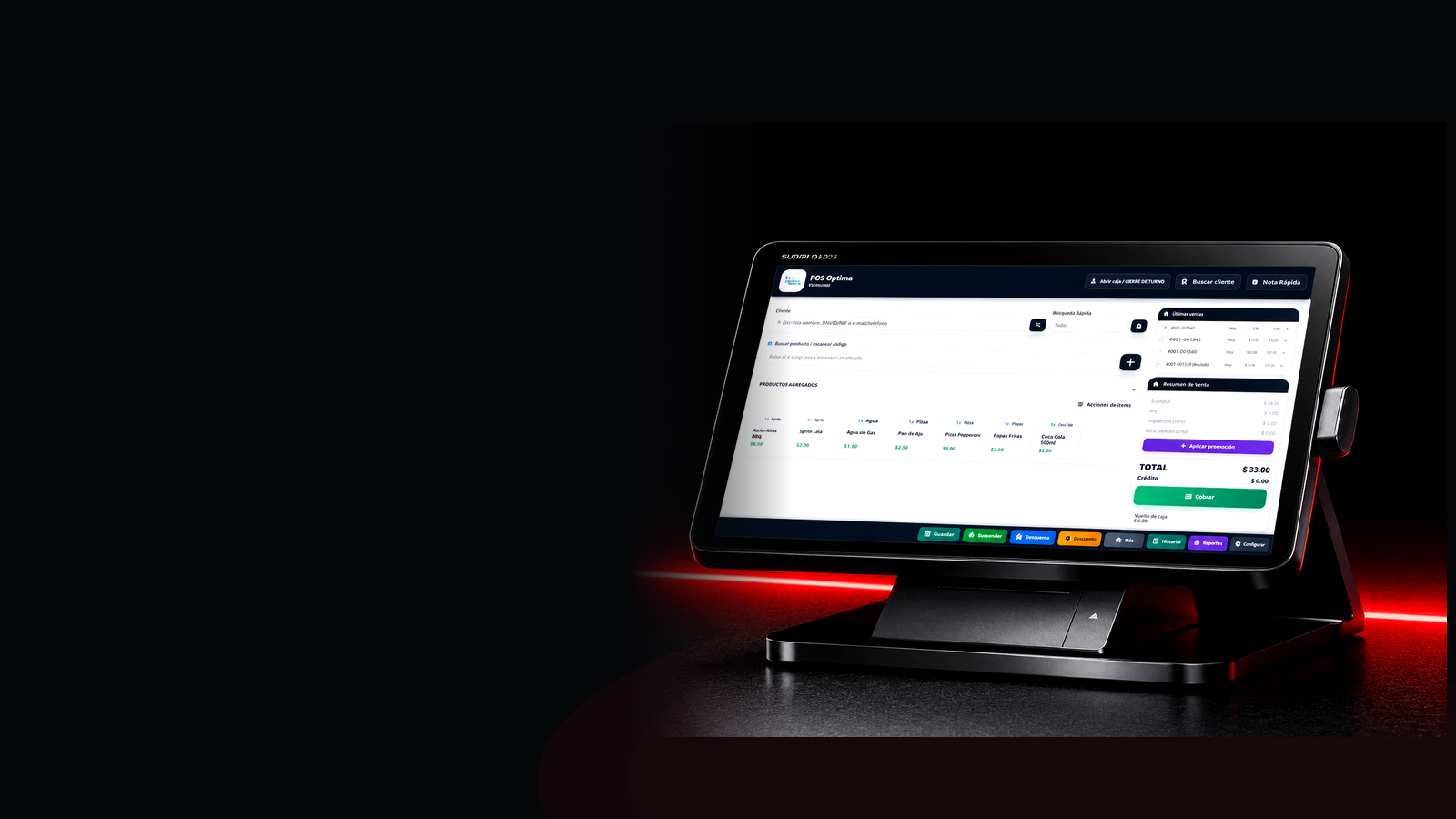 Equipo de punto de venta Tacts POS sobre fondo oscuro